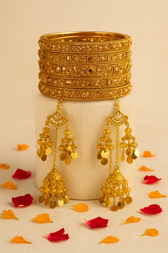 Luxurious Bridal Golden Bangles Set with Intricate Stonework and Traditional Hanging Kaleere for Weddings and Special Occasions