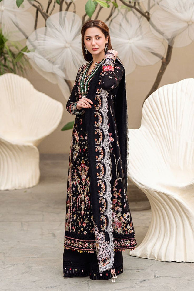 Qalamkar Shoya Lawn Volume Sahil Collection 2025 with black dress