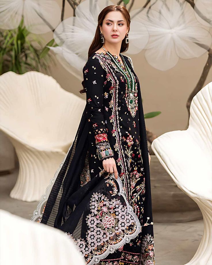 Qalamkar Shoya Lawn Volume Sahil Collection 2025 with black dress