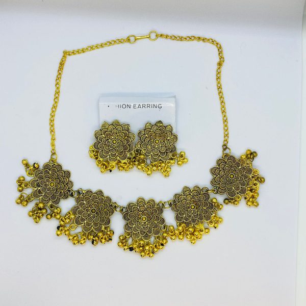 Antique Silver Afghani Flower Choker Necklace With Earrings For Women & Girls