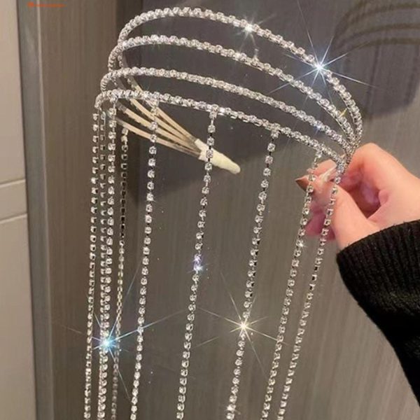 Full Rhinestone Long Tassel Headband For Women Multilayer Flashing Crystal Hairband Party Hair Accessories